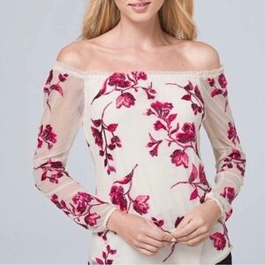 White House Black Market Cream & Pink Floral Sequin Top Size SP